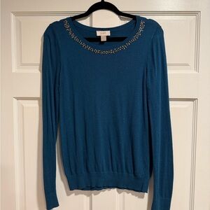 LOFT Teal Sweater with Embellished Neckline